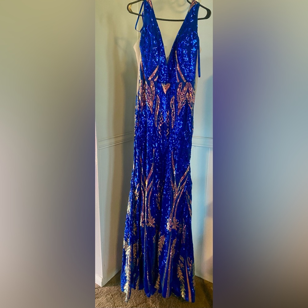 Royal Blue Sequin Formal Dress with Gold Accents